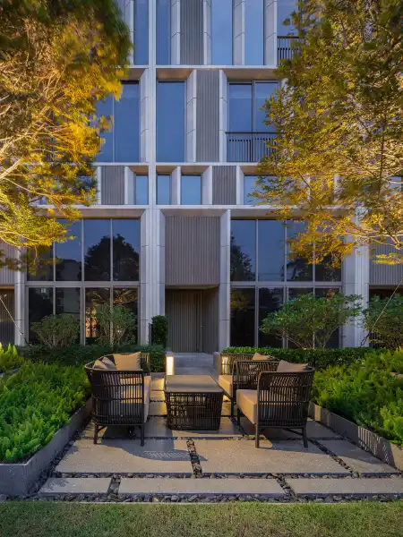 Modern Outdoor furniture at condo entrance